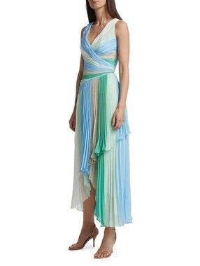 Badgley Mischka Pleated Stripe Surplice Midi-Dress